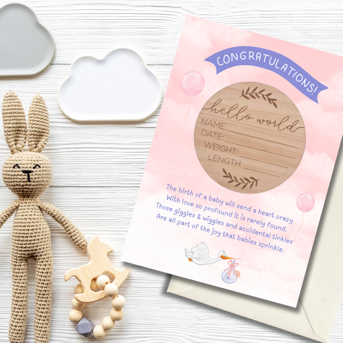 baby girl card with hello world wooden plaque gift