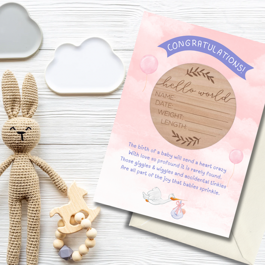 baby girl card with hello world wooden plaque gift