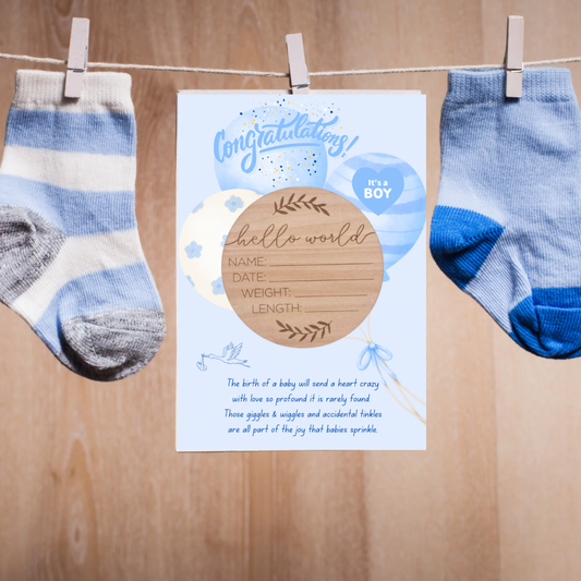 Baby boy card with hello world wooden plaque