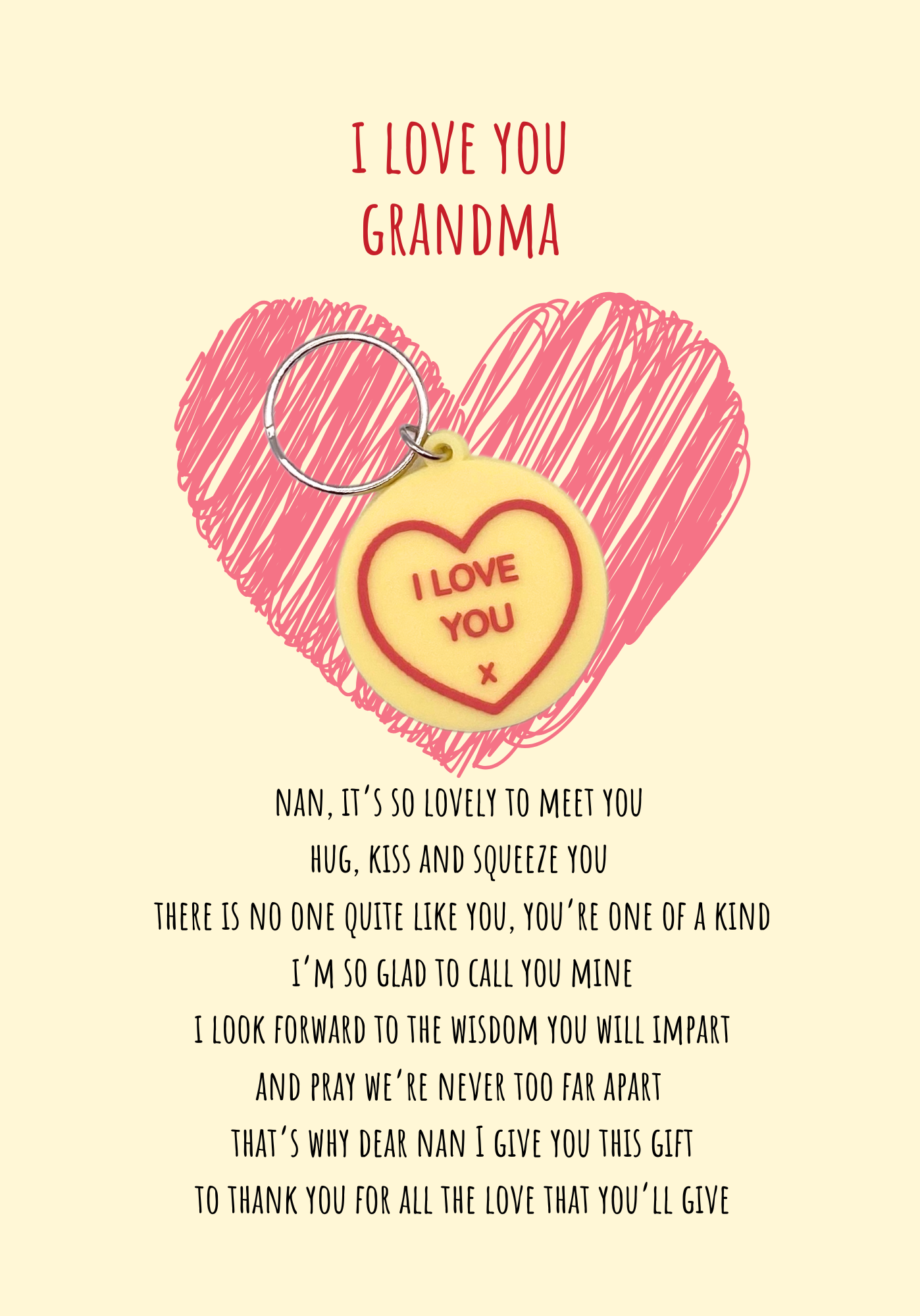 Hello Grandma from bump card with heart Keyring gift