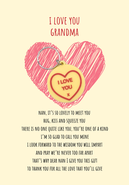Hello Grandma from bump card with heart Keyring gift
