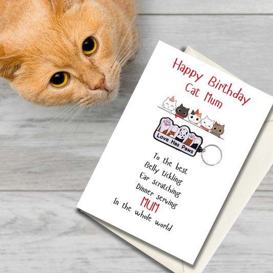 Cat Mum Birthday card with paws Keyring gift