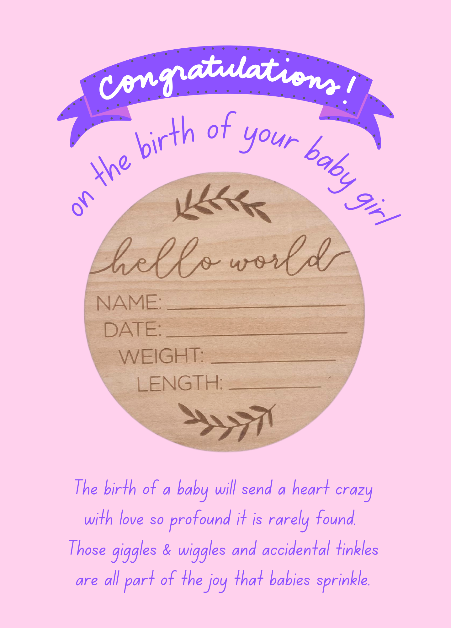 New baby girl with hello world wooden plaque