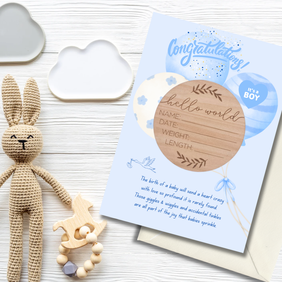 Baby boy card with hello world wooden plaque