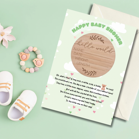Baby shower card with Hello World wooden memory plaque