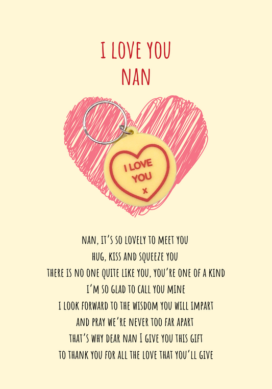 Hello Nan from bump card with heart Keyring gift
