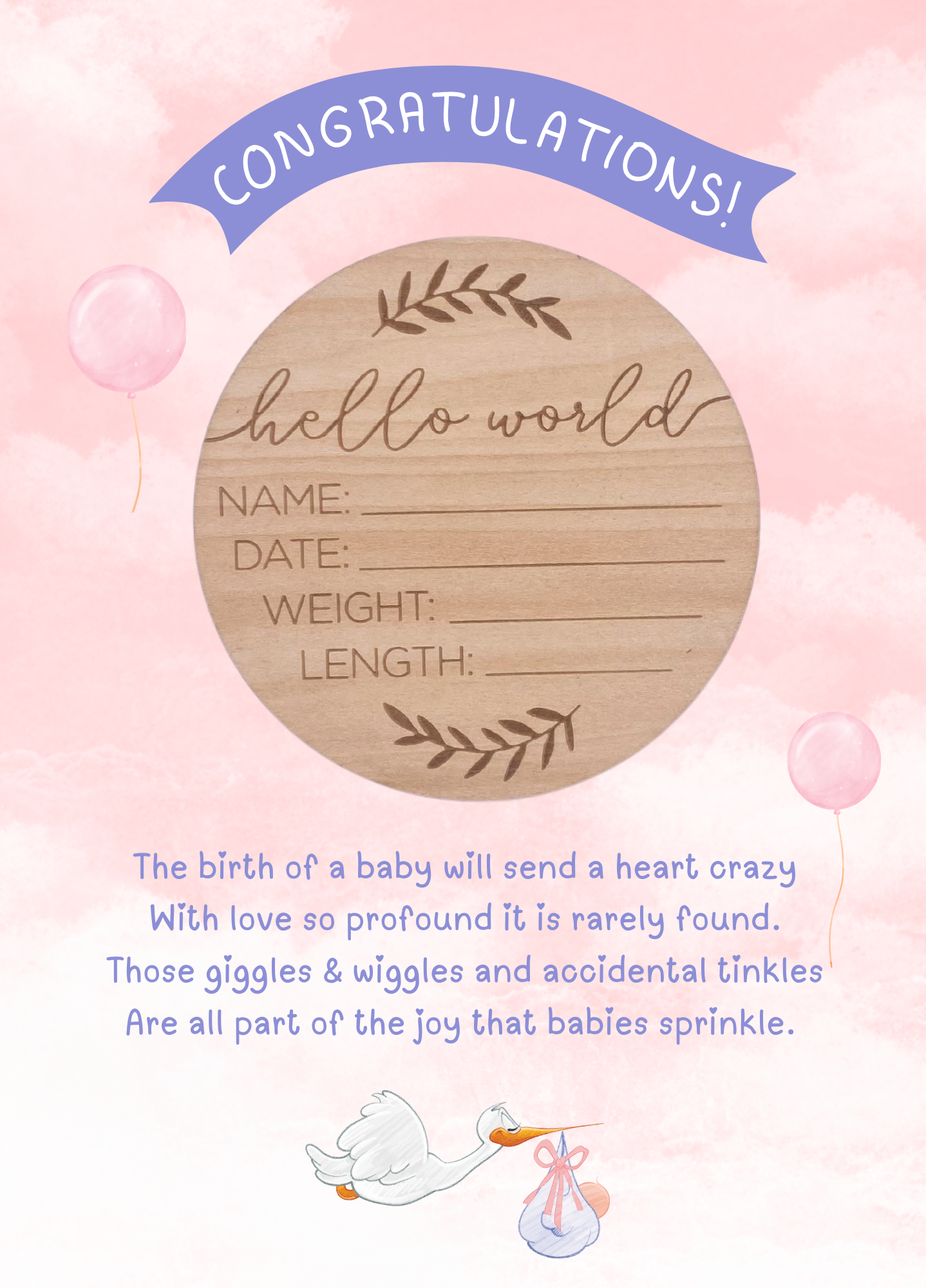 baby girl card with hello world wooden plaque gift