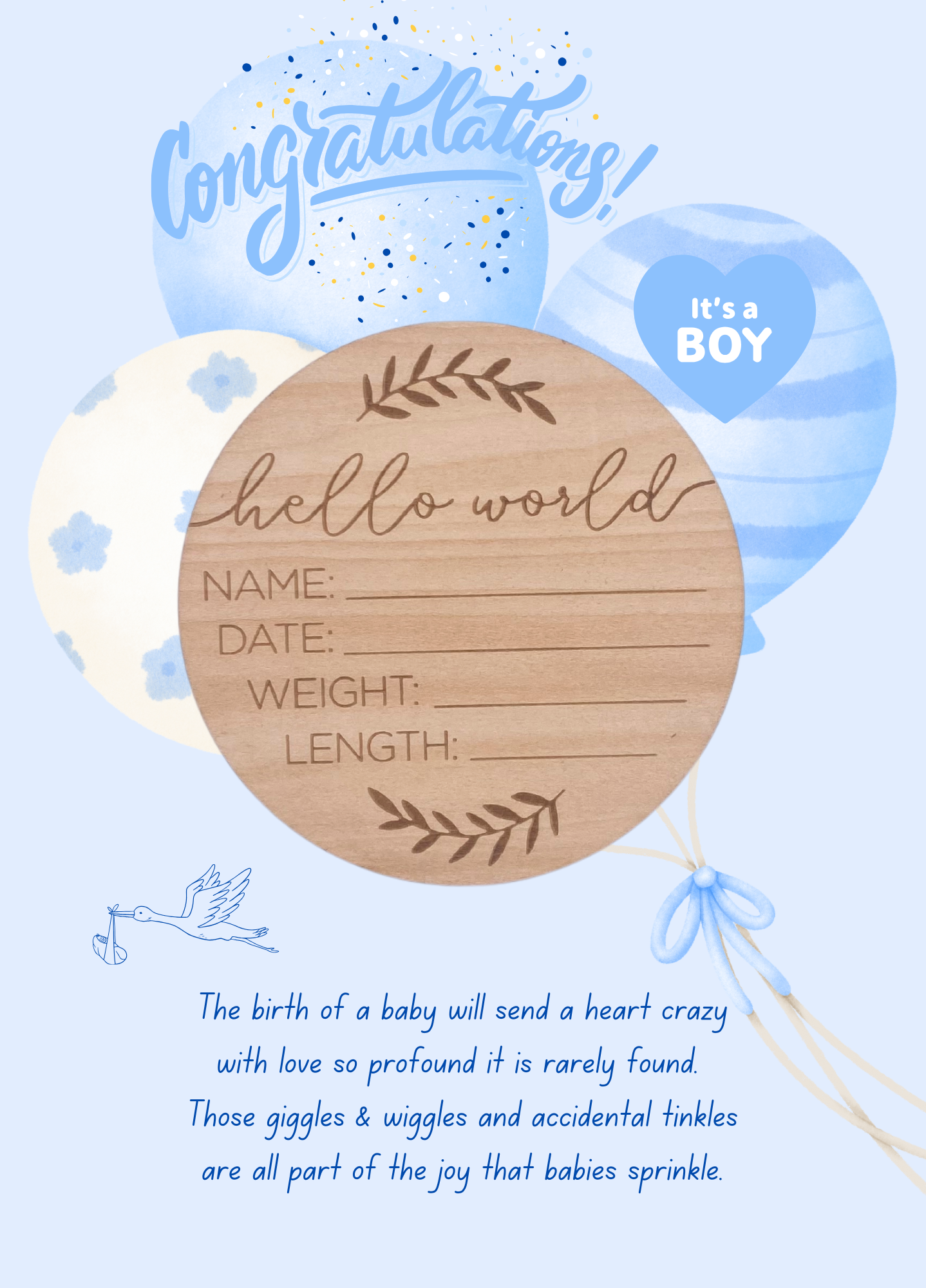 Baby boy card with hello world wooden plaque