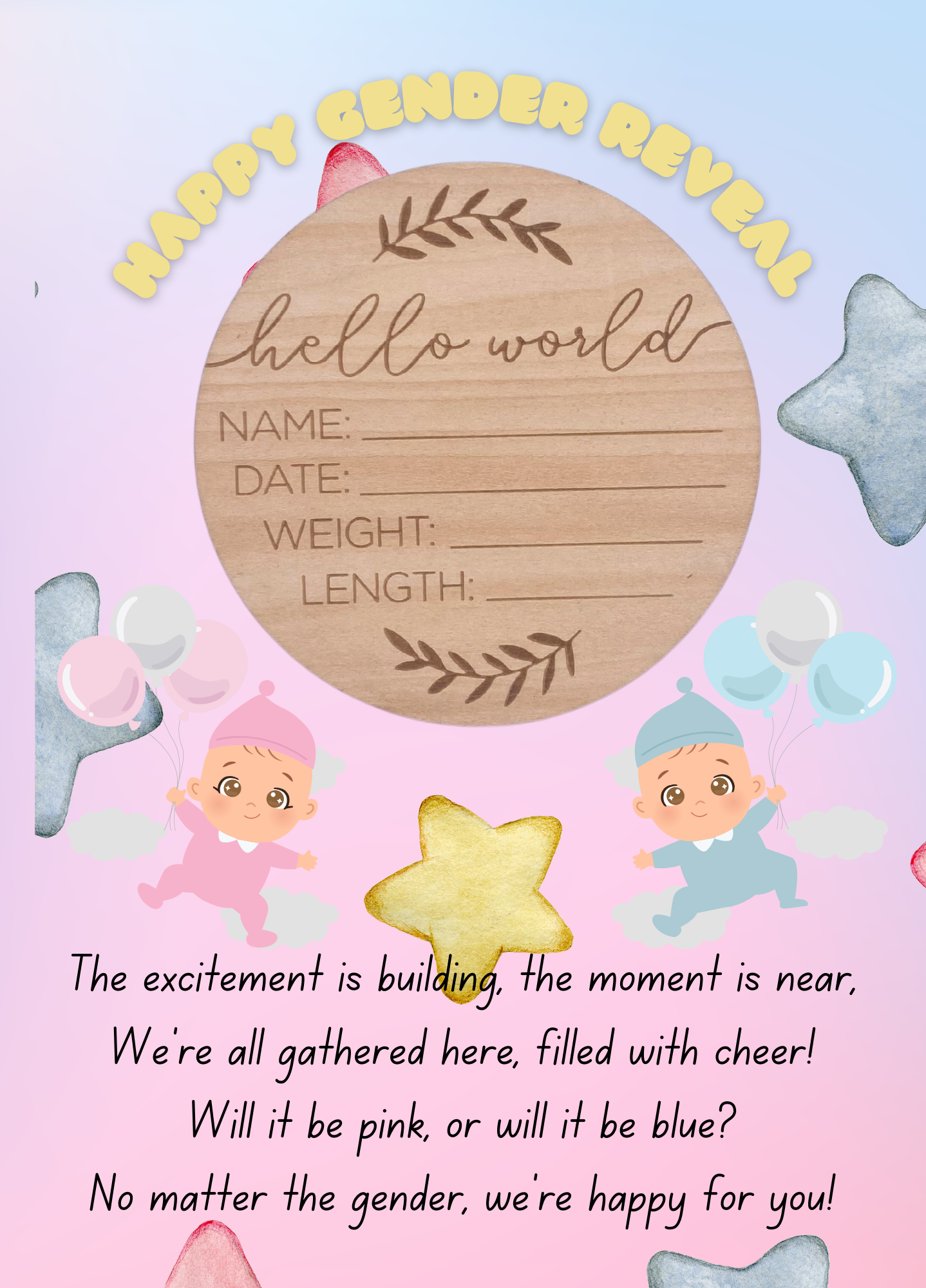 Gender card with a Hello Workd memory plaque