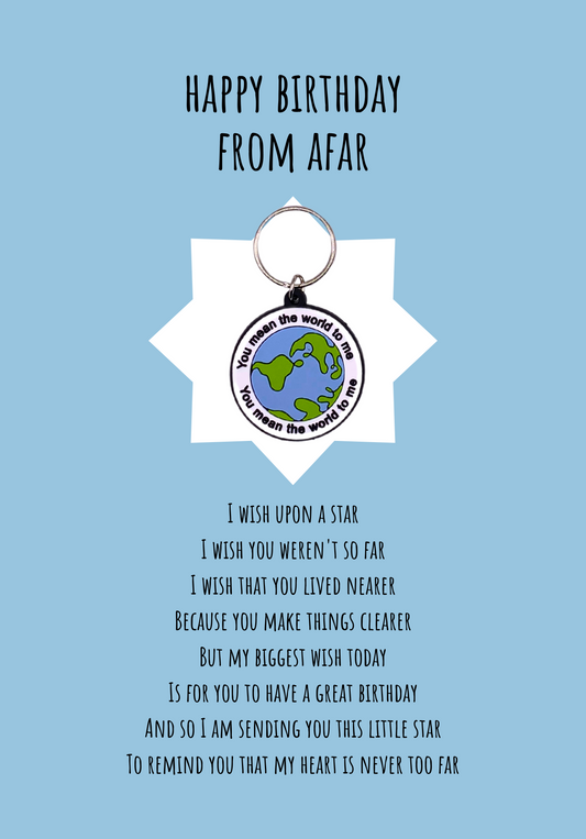 From afar birthday card with world Keyring gift