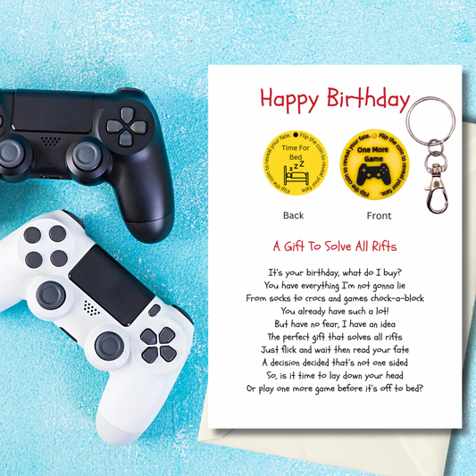 Gamers birthday card with decision coin Keyring gift