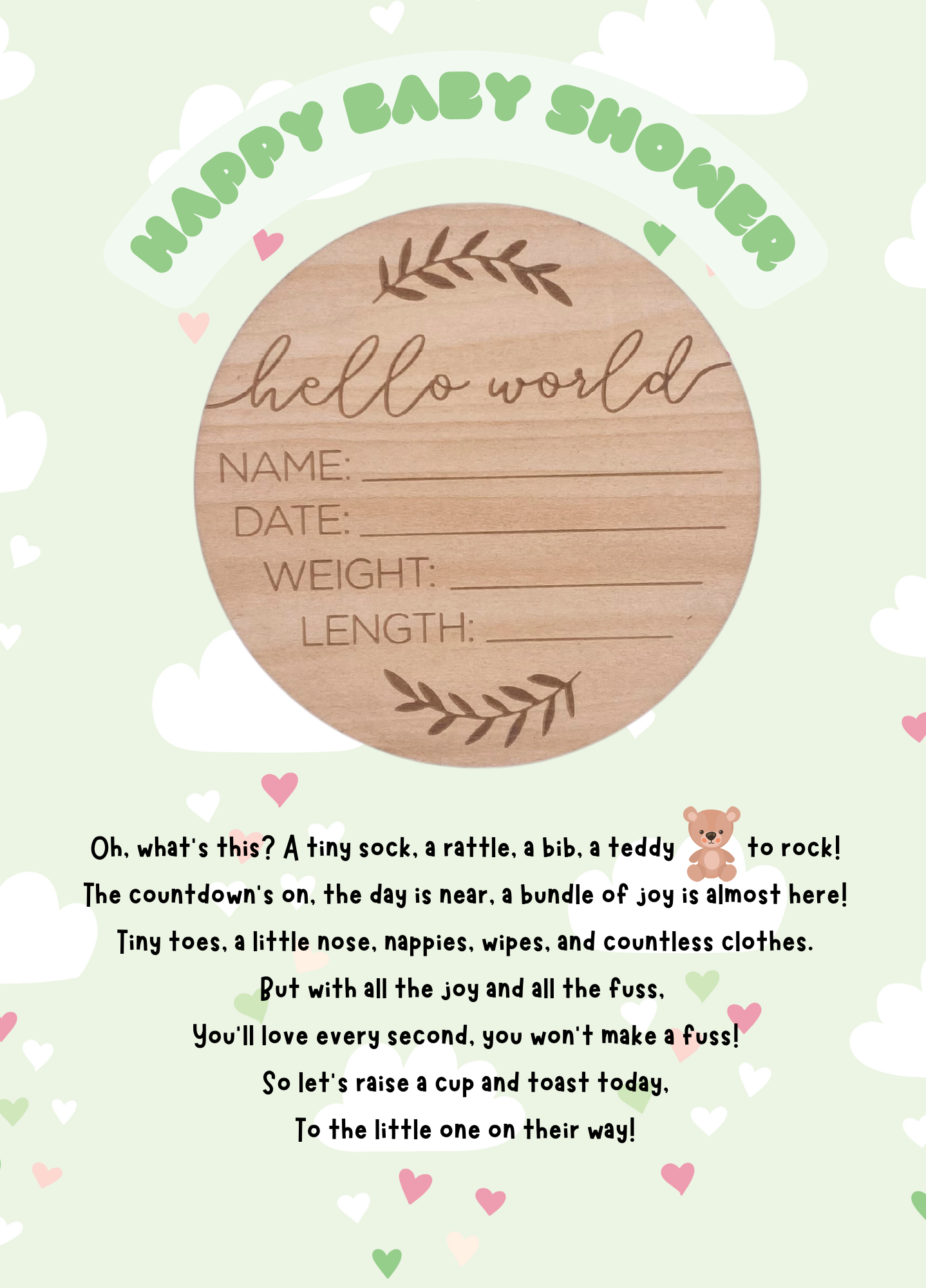 Baby shower card with Hello World wooden memory plaque