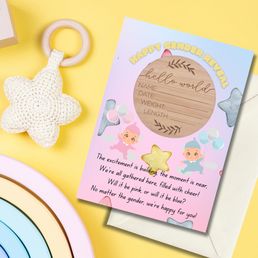 Gender card with a Hello Workd memory plaque
