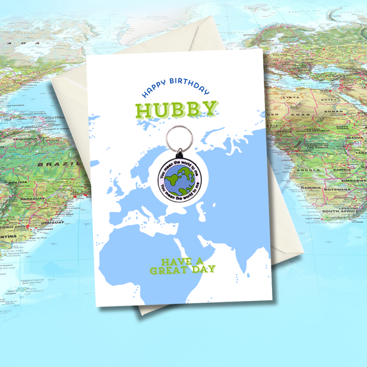 Hubby birthday card with world Keyring gift