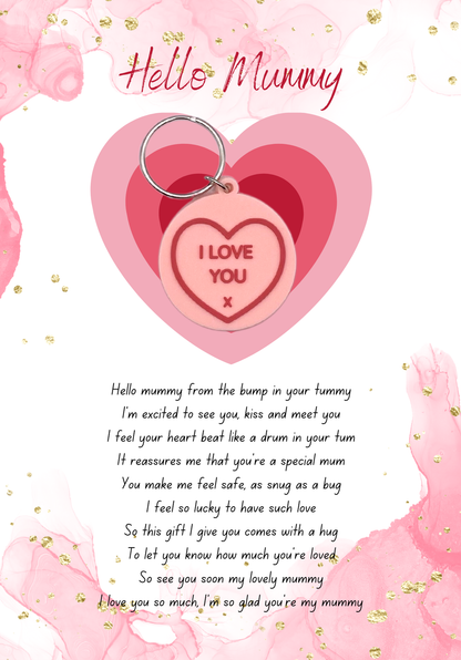 Hello mummy card with heart Keyring gift