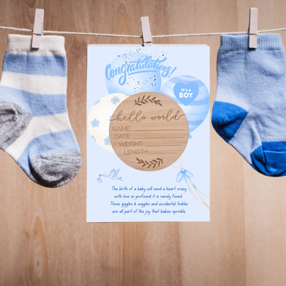 Baby boy card with hello world wooden plaque