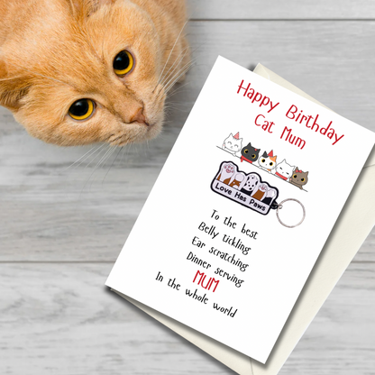 Cat Mum Birthday card with paws Keyring gift