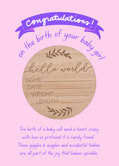 New baby girl with hello world wooden plaque