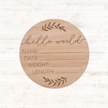 New baby girl with hello world wooden plaque