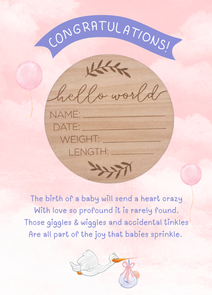 baby girl card with hello world wooden plaque gift