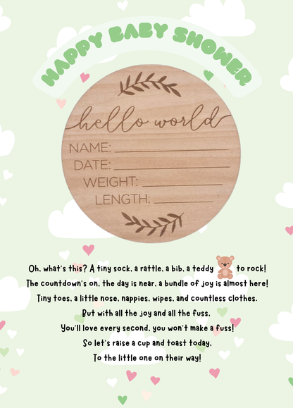 Baby shower card with Hello World wooden memory plaque